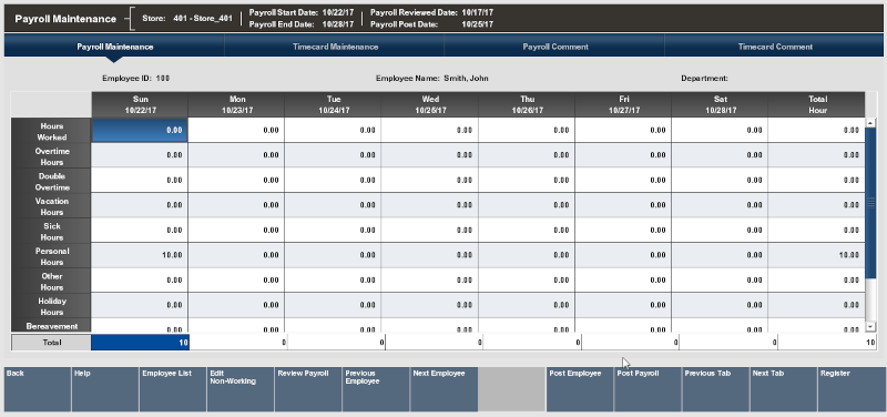 Payroll Maintenance Screen