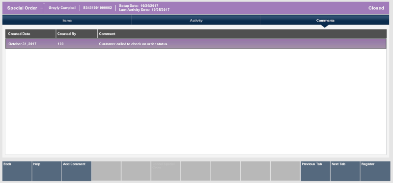 Special Order - Comments Tab