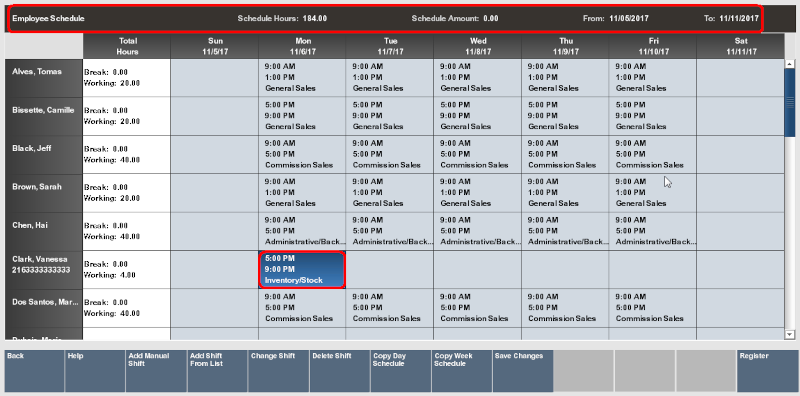 Weekly Summary Scheduling Screen