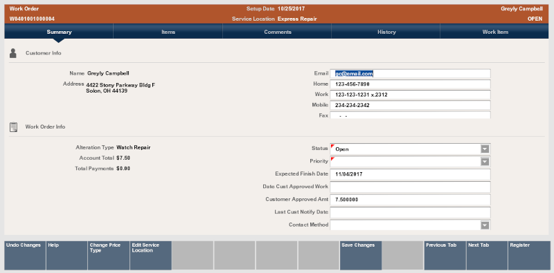 Work Order Summary Tab in Edit Mode
