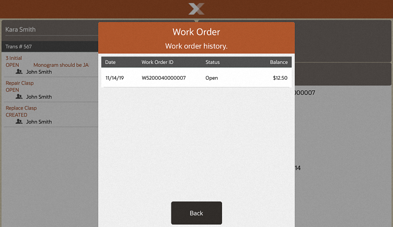 Work Order History Screen