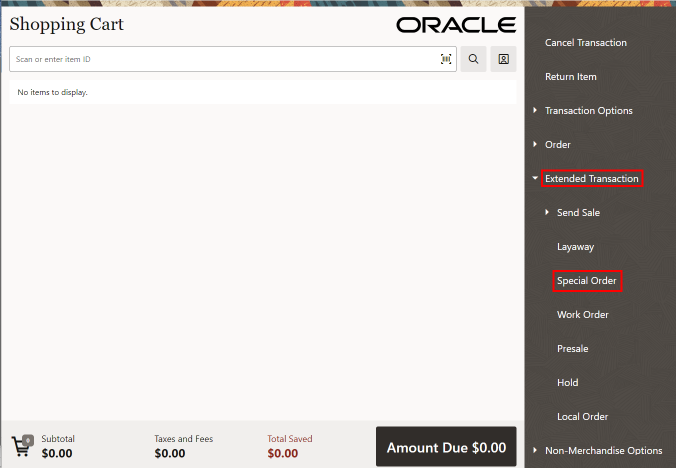 Sale Screen Showing Shopping Cart Menu
