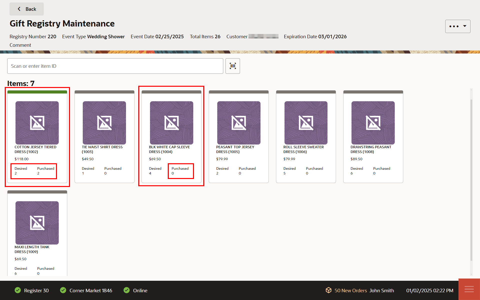 Gift Registry Maintenance - Item Quantity Indicators