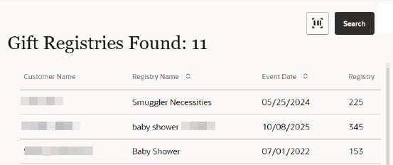 Gift Registry Search List
