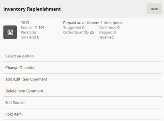 Inventory Replenishment Options Menu