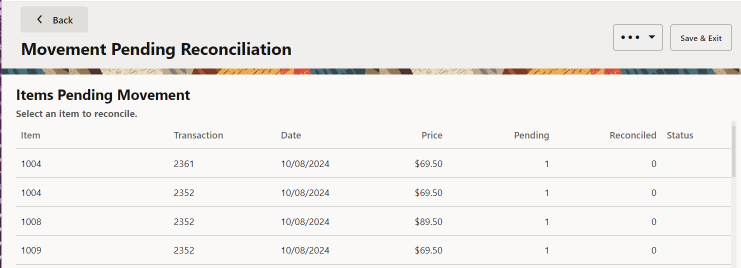 Movement Pending Reconciliation Screen