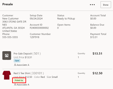 Presale Account Screen - Item Picked Up Example
