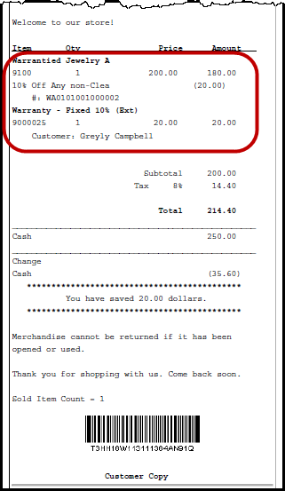 Customer Sale Receipt With Warranty Item Example