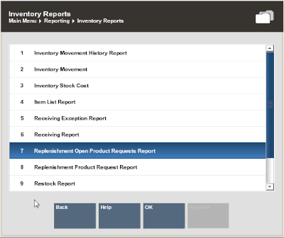 Replenishment Open Product Request Reports Menu Option