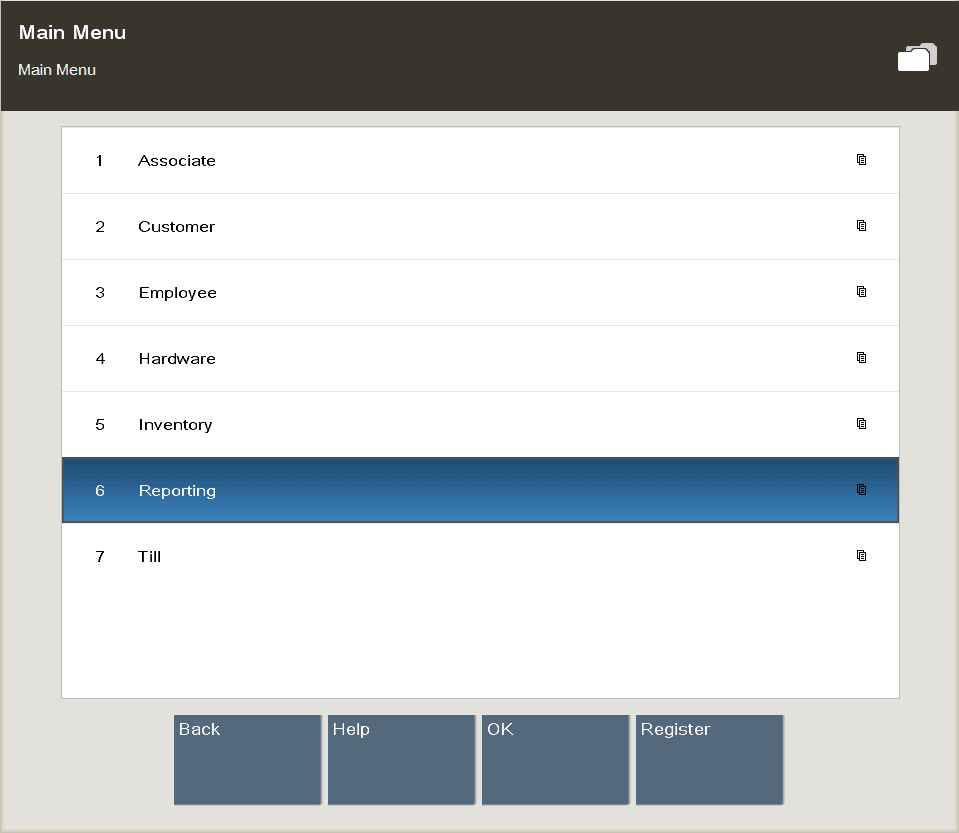 Back Office Main Menu
