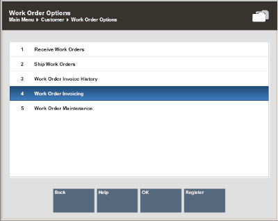 Work Order Options Menu - Work Order Receiving
