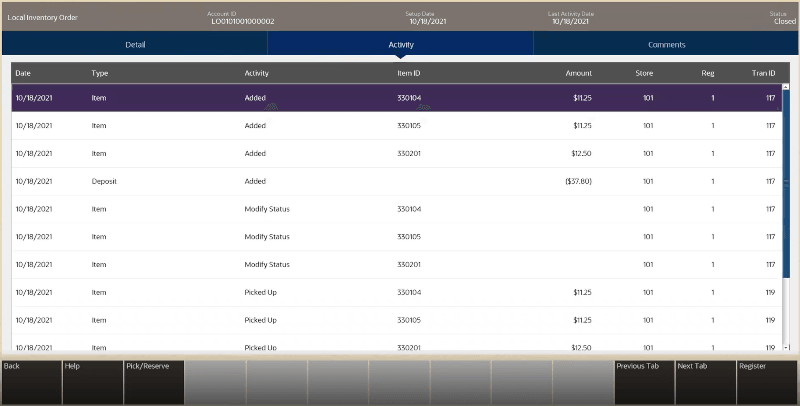 Local Inventory Order Activity Tab