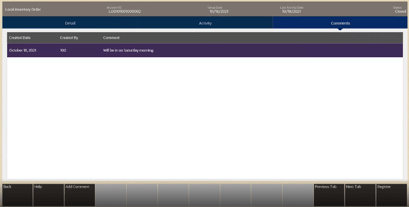 Local Inventory Order Comments Tab
