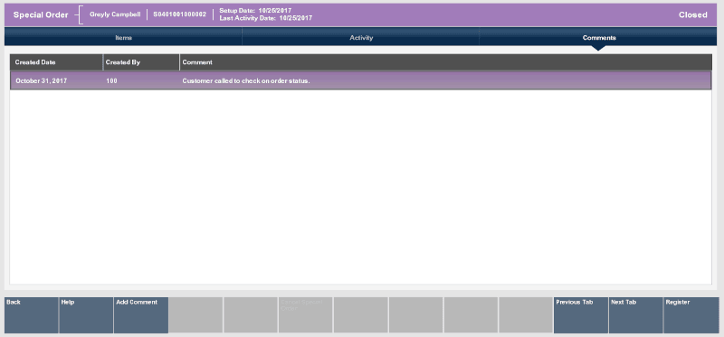 Special Order - Comments Tab Special Order - Comments Tab