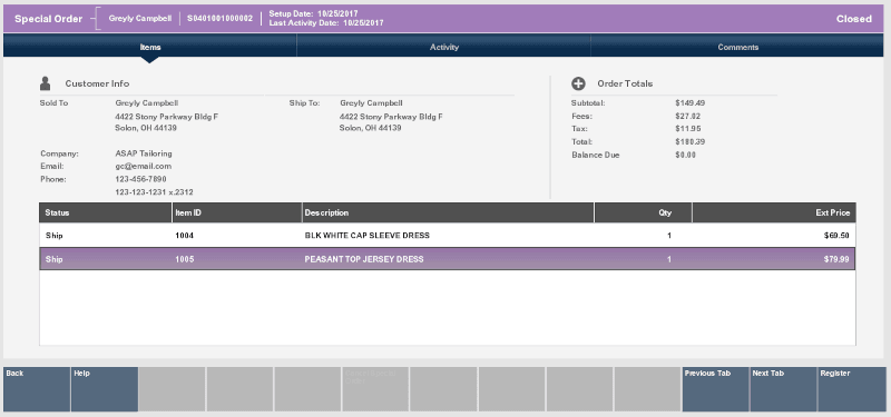 Special Order Screen Special Order Screen