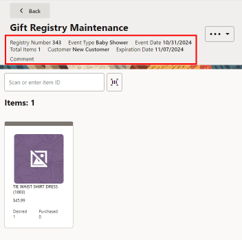 Gift Registry Screen