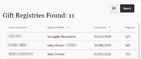 Gift Registry Search List