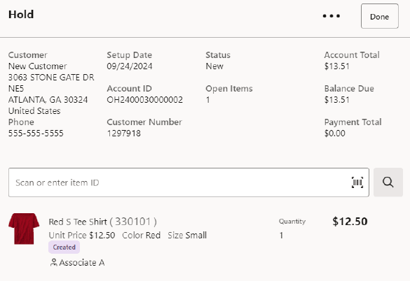 Hold Account Screen - Item Added