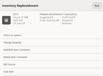 Inventory Replenishment Options Menu