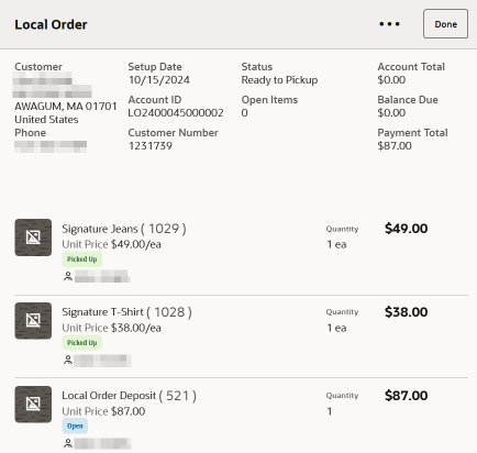 Local Order Showing Item Picked Up
