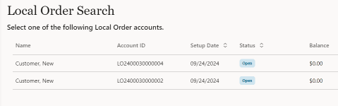 Local Inventory Order Search List