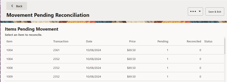 Movement Pending Reconciliation Screen