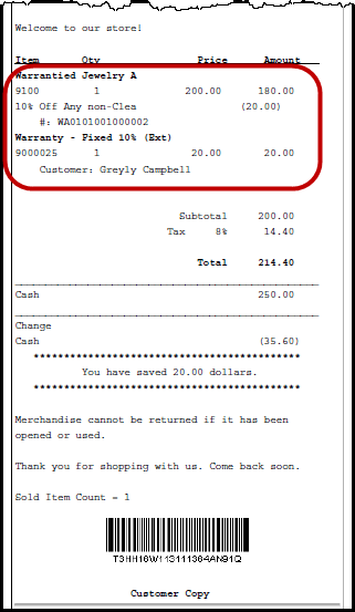 Customer Sale Receipt With Warranty Item Example
