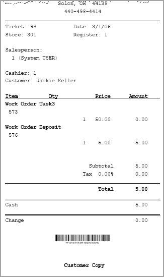Customer Sale Receipt Sample