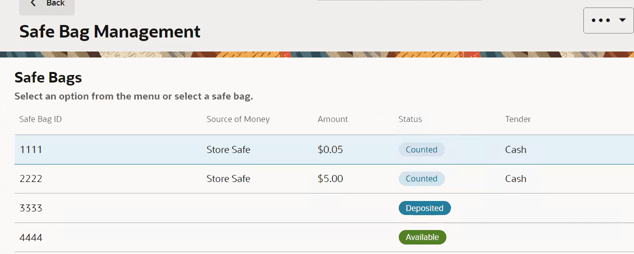 Safe Bag Management Screen Safe Bag Management Screen