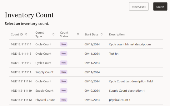 Inventory Count Document List Inventory Count Document List