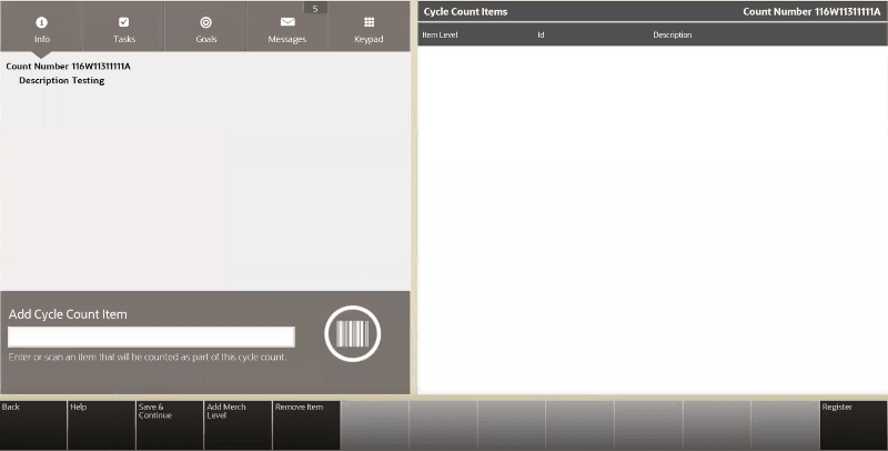 Cycle Count Setup Screen