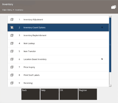 Inventory Menu Inventory Count Option Selected