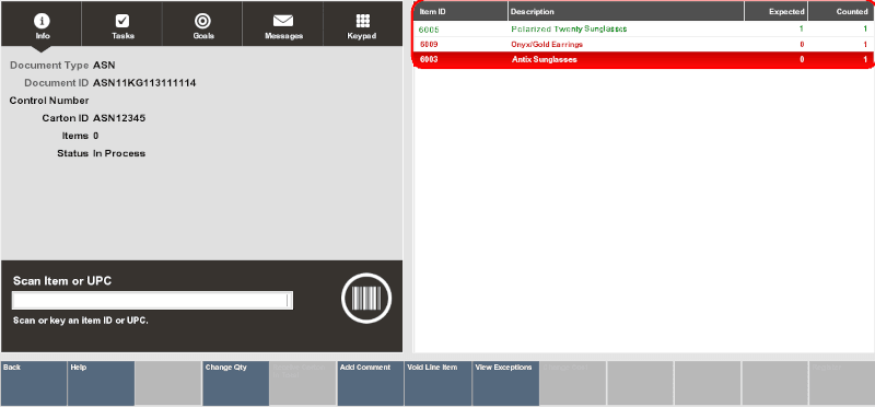 Receiving Screen Item List Showing Discrepancy