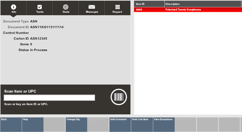 Receiving Screen - Carton Level Information