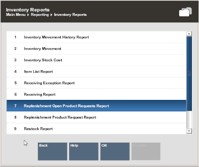 Replenishment Open Product Request Reports Menu Option
