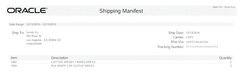 Shipping Manifest Report