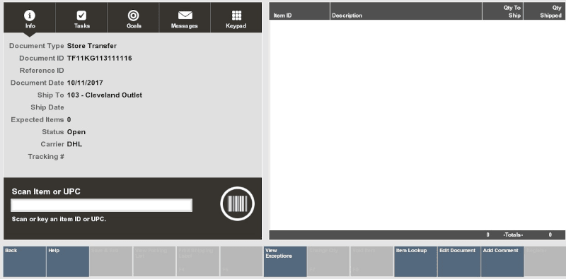 Shipping Maintenance Screen Showing Item ID Prompt