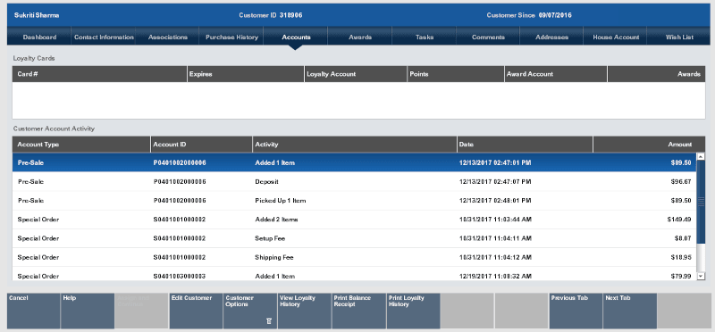 Customer Accounts Tab
