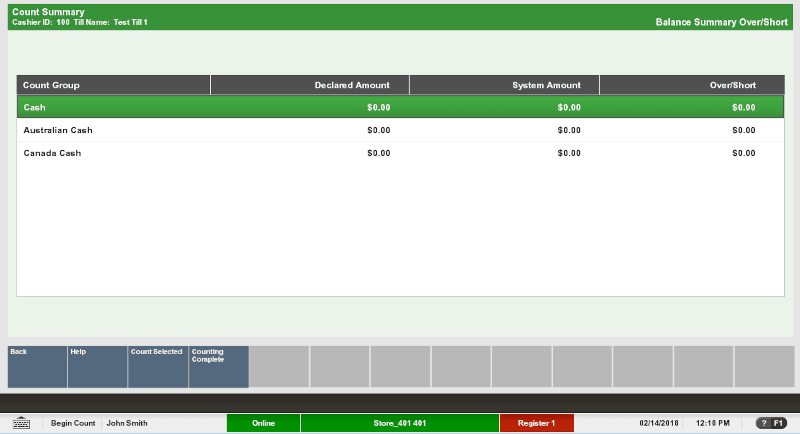 Begin Count Summary Screen