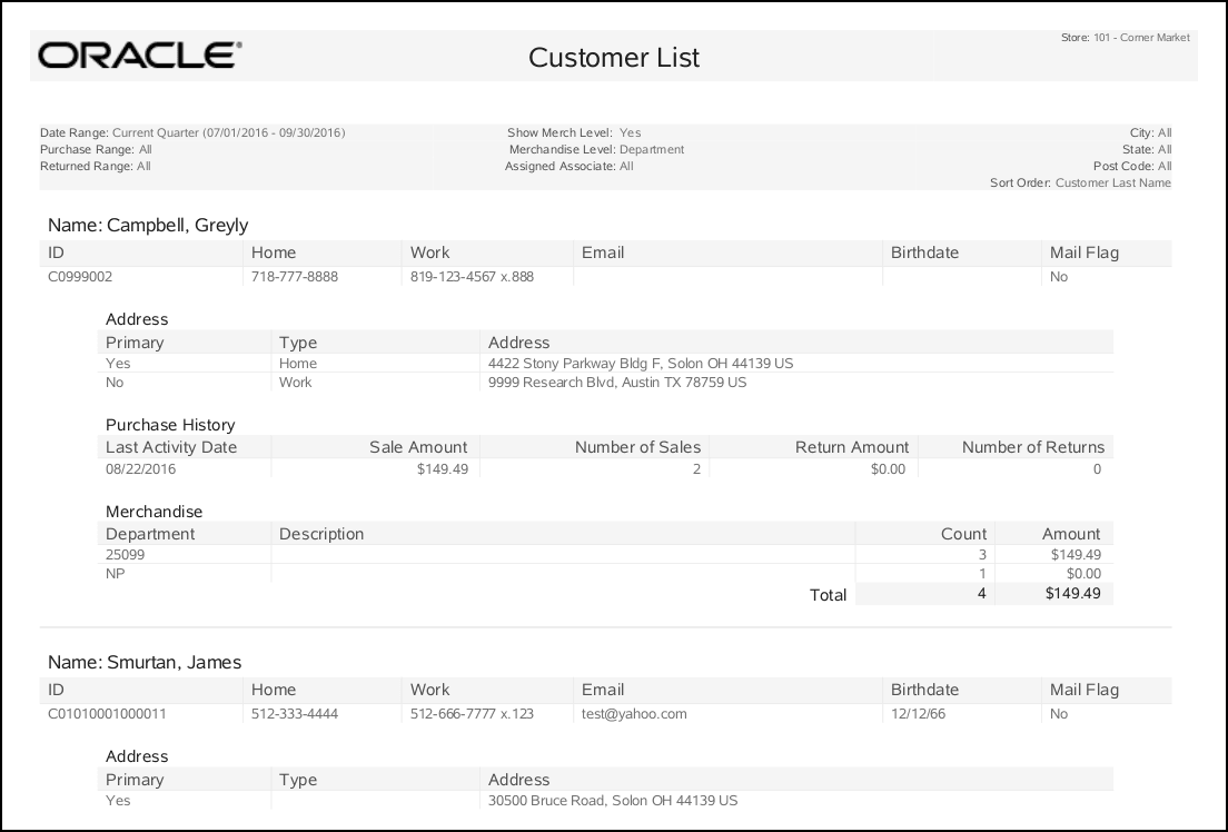 Customer List Report