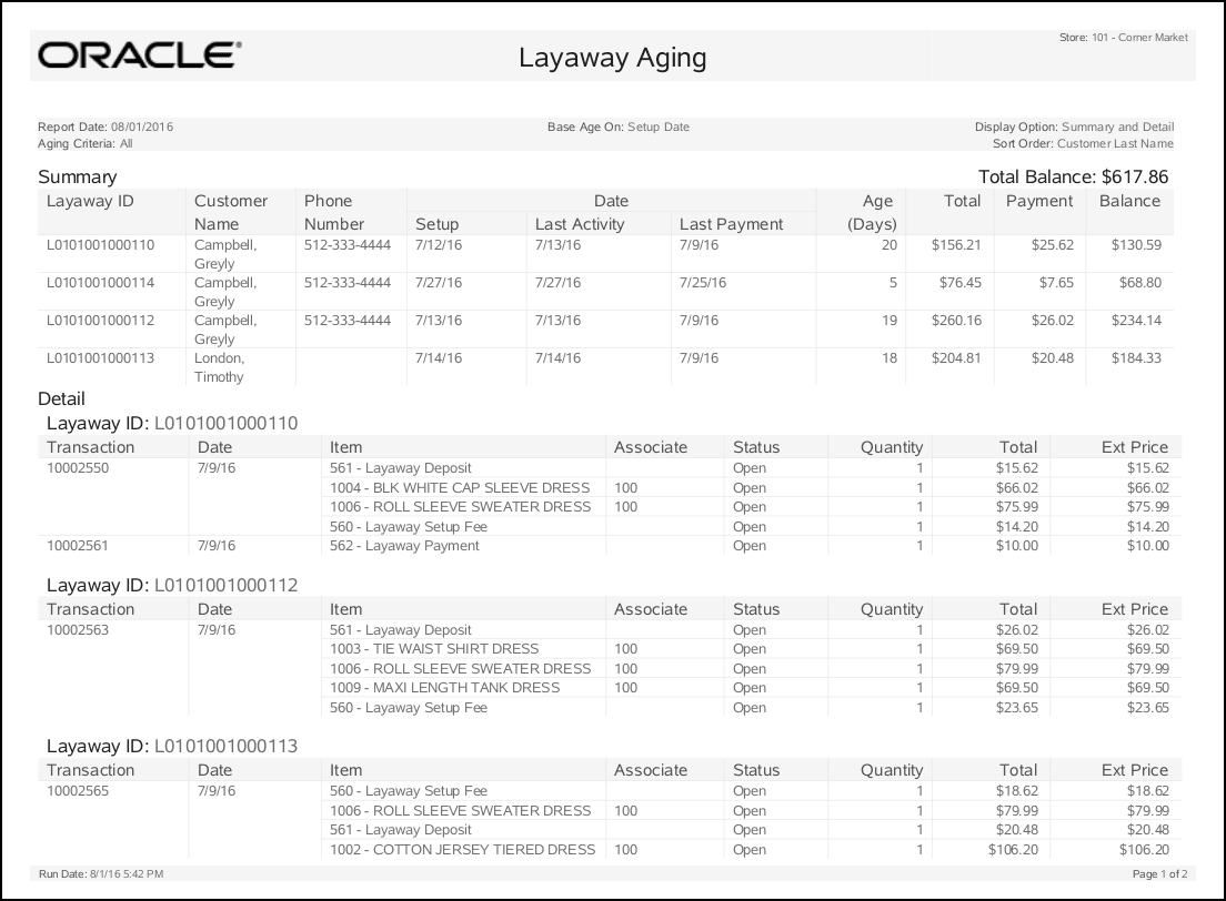Layaway Aging Reports
