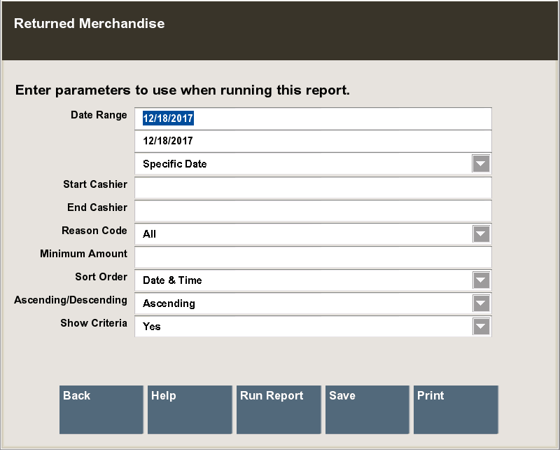 Returned Merchandise Report Criteria