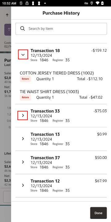 Customer Dashboard (Handheld) - Purchase History