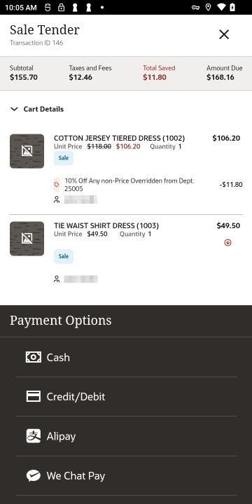 Payment Options - Tenders (Cart Expanded)