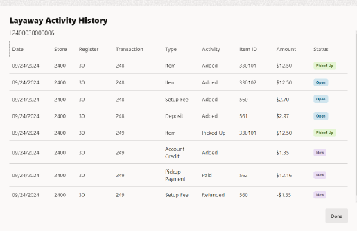 Layaway Activity History Layaway Activity History