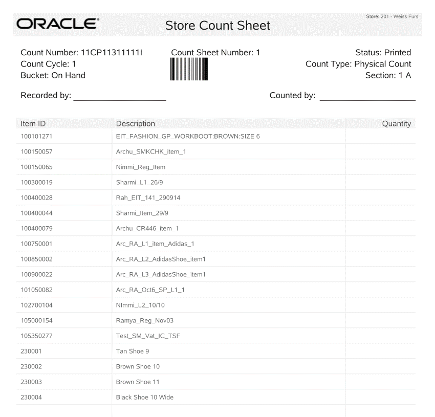 Printed Count Sheet Printed Count Sheet