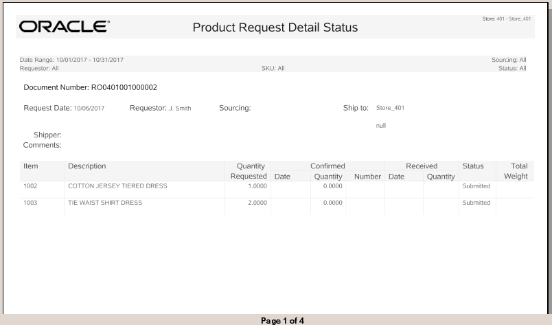 Replenishment Product Request Detail Report Replenishment Product Request Detail Report