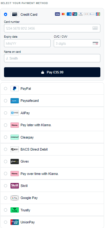 Sample PBL Checkout screen and some sample payment methods