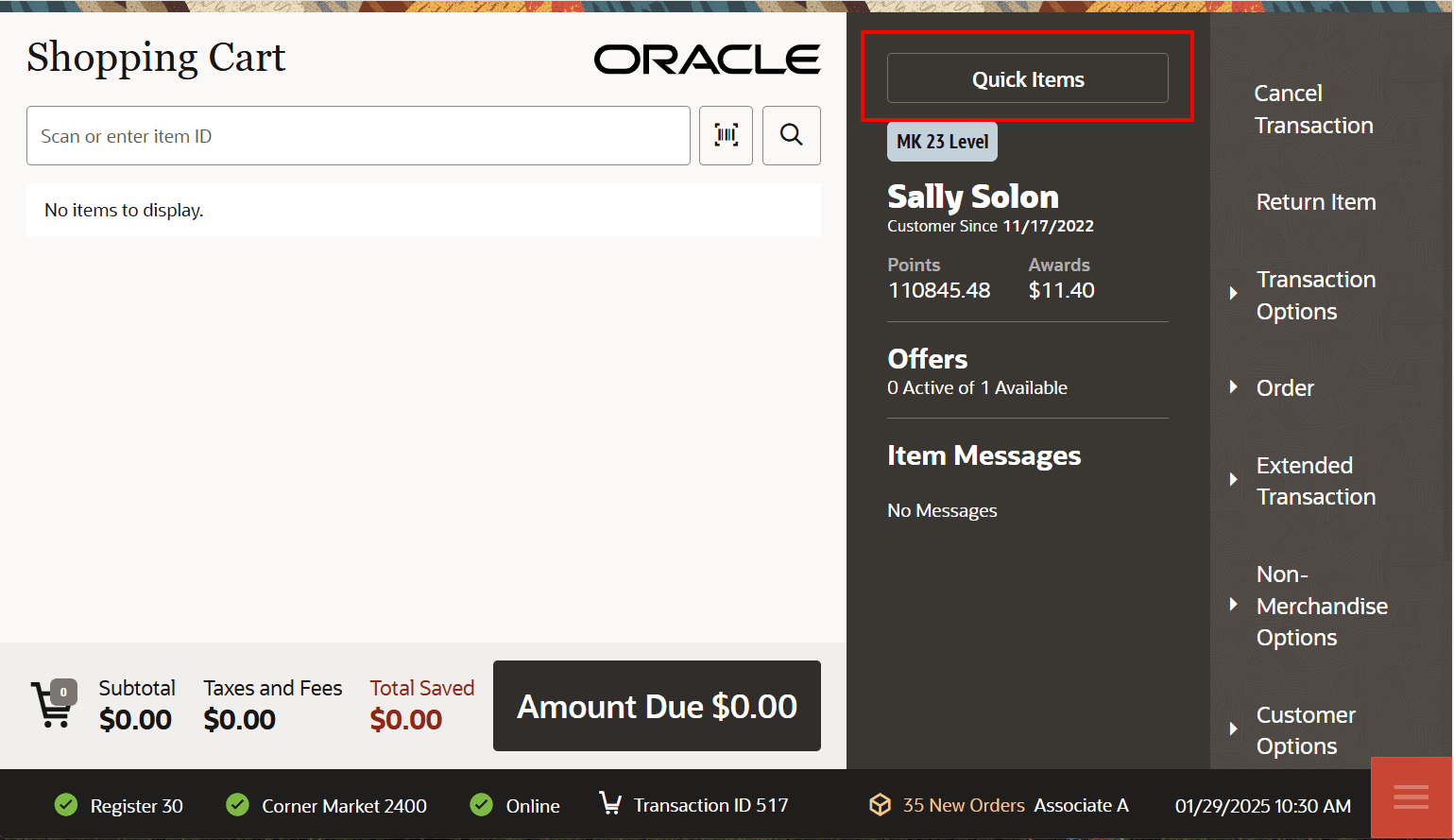 Desktop Customer Panel - Quick Items