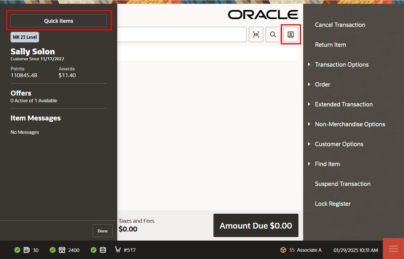 Tablet Customer Drawer - Quick Items